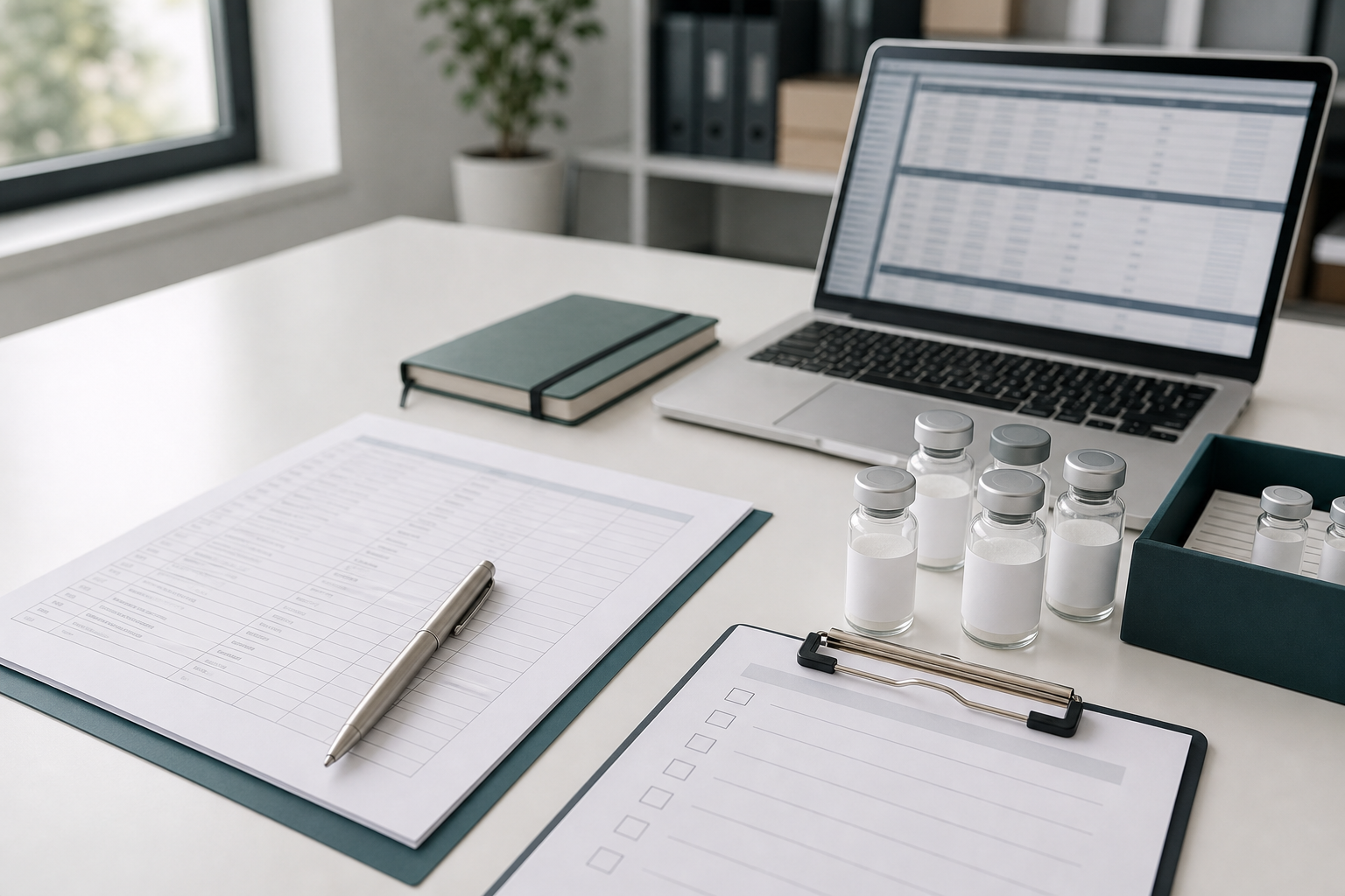 Organized B2B research peptide RFQ preparation with a product list, quantity ranges, packaging notes, and documentation review fields