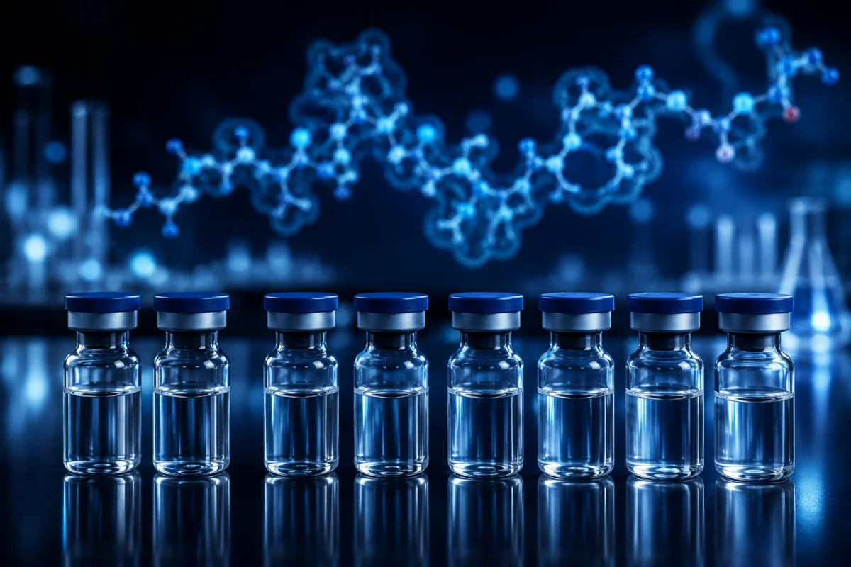 Row of clear research vials with blue caps and a glowing 3D peptide molecular structure, illustrating CJC-1295 and Ipamorelin growth hormone secretagogue research peptides