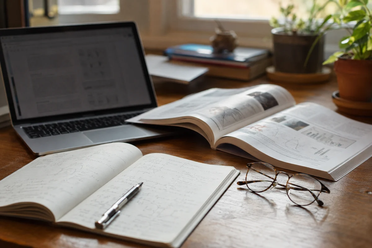 Research desk with scientific journal and notes — GetAll Peptides