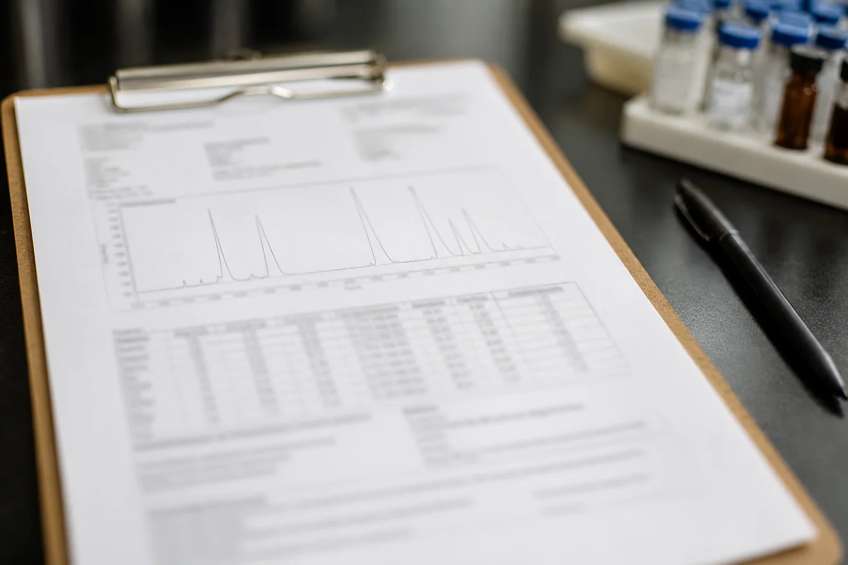 Printed laboratory analysis report with chromatogram — COA