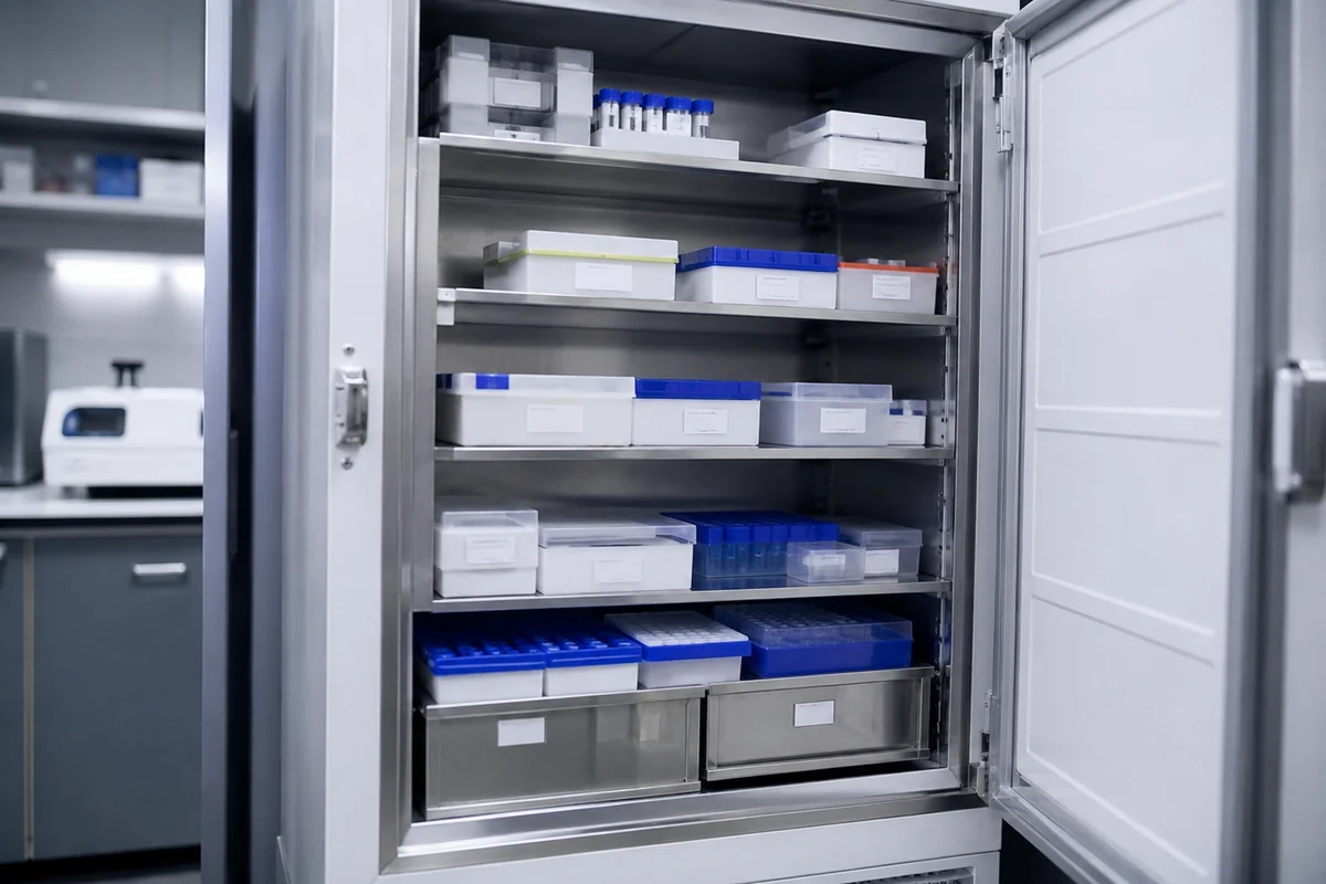 Laboratory cold-storage cabinet with organized shelves