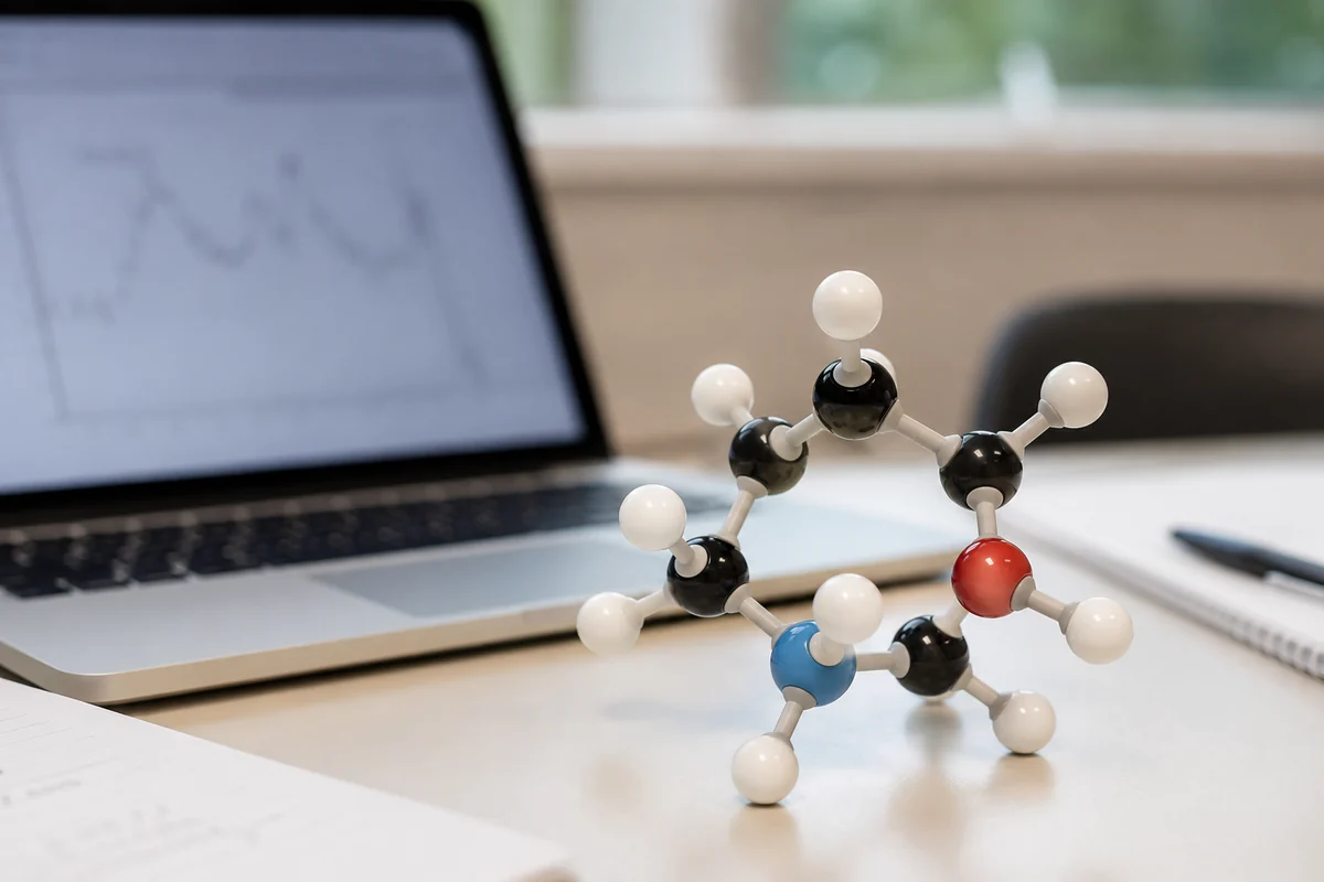 Physical molecular model on a desk with data on a laptop