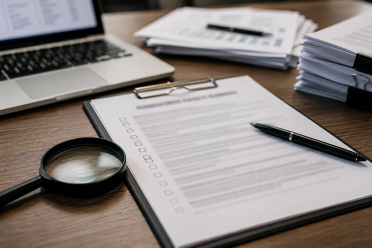 Supplier due-diligence checklist with documents and magnifier