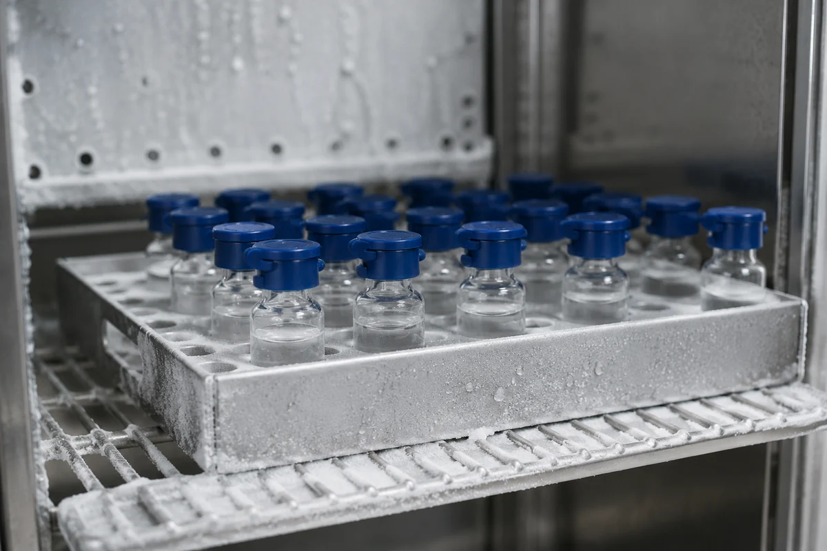 Research peptide vials in cold storage — laboratory handling