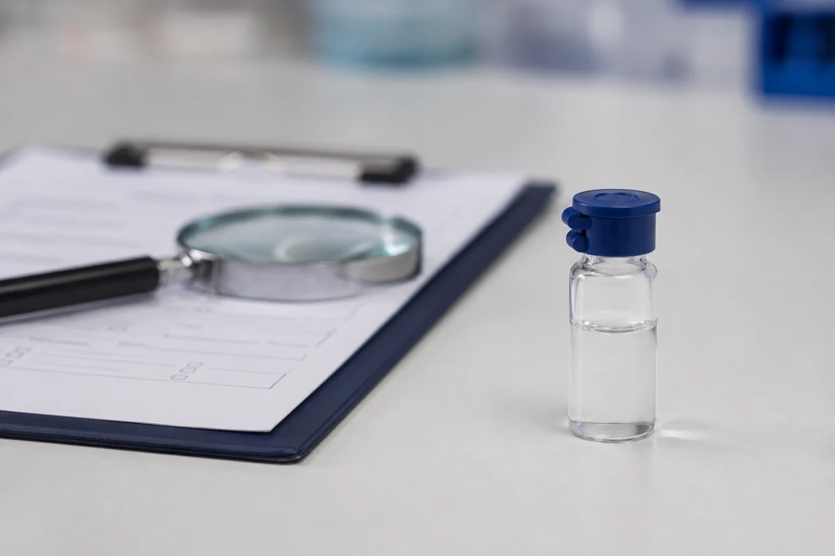 Clipboard checklist with magnifier and research vial — choosing a supplier